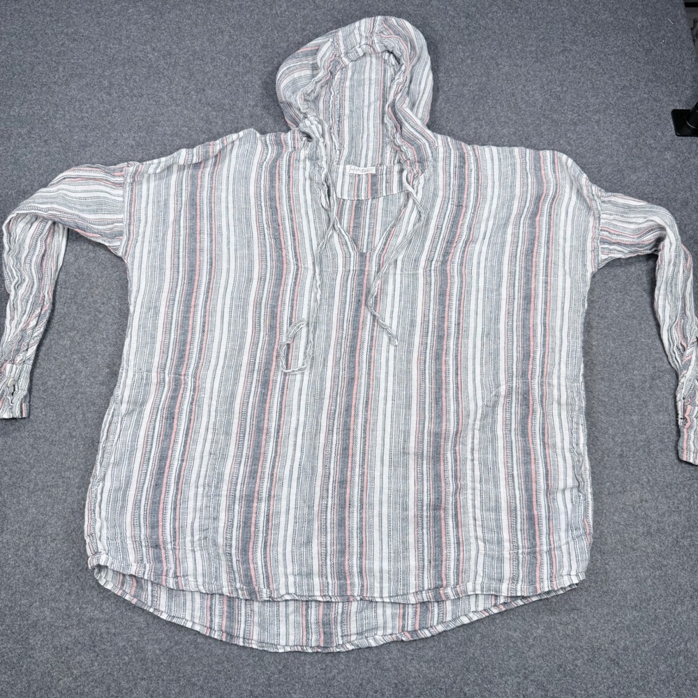Free People x CP Shades Linen Striped Hoodie Pullover Top Blue Pink Small